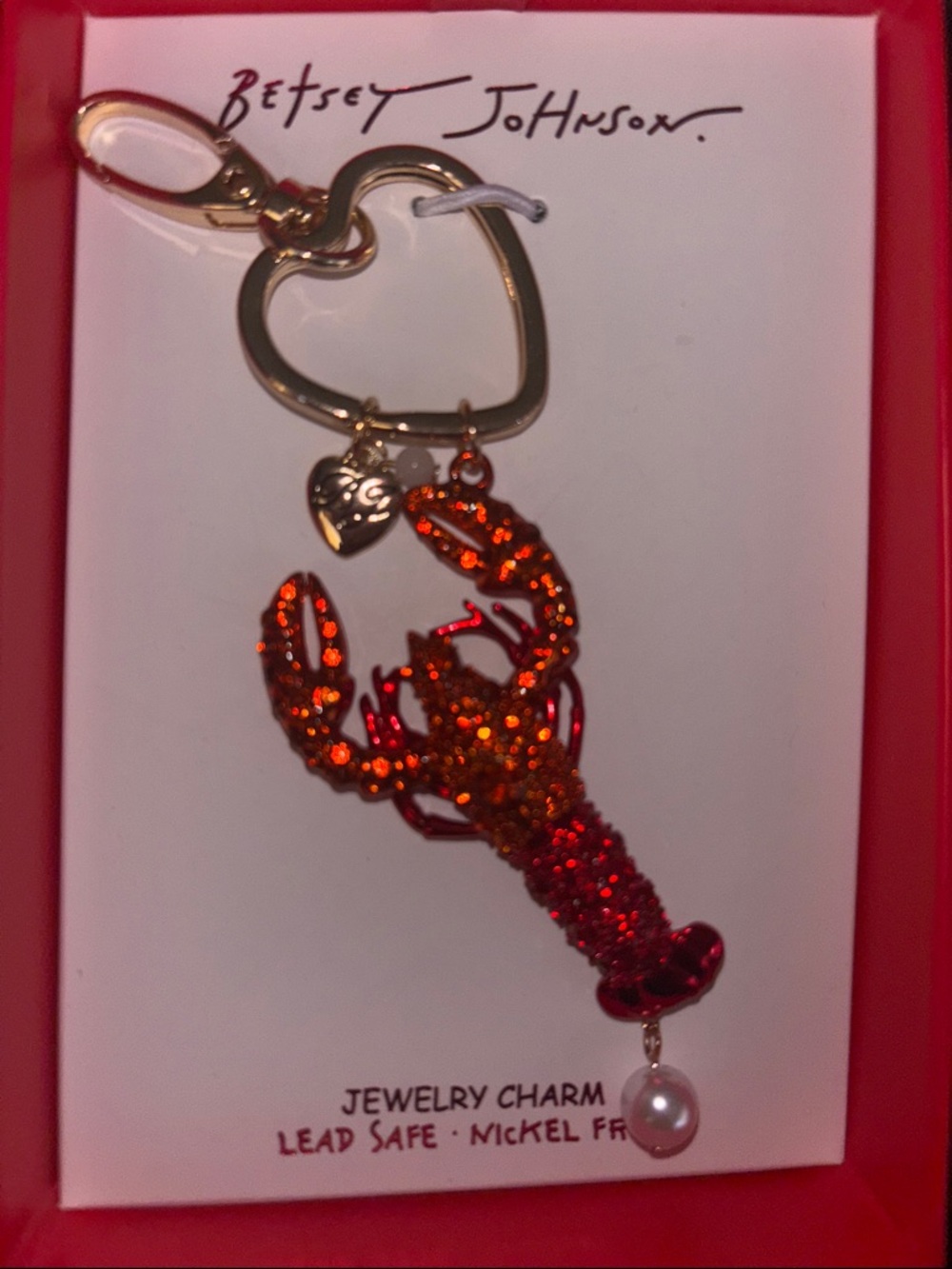 Betsey Johnson Red Glitter Lobster Keychain with Pearl Drop